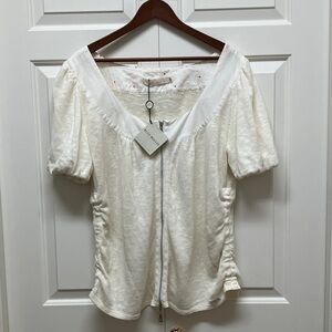 Blue Willi’s cotton linen blend sweater, front zipper, blouson sleeve, cream XXL